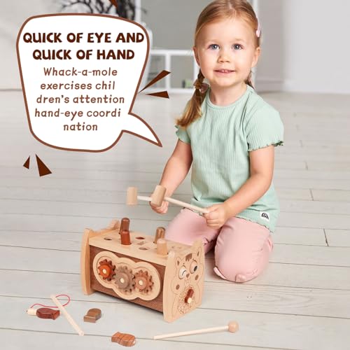 6 in 1 Wooden Montessori Toys Hammering Pounding Toy for 3 Year Old Whack A Mole Game for Toddlers Fine motor skills Toys with Xylophone Fishing Toy Toddler Activities for Baby 3 Year Old Birthday - Thumbnail 4