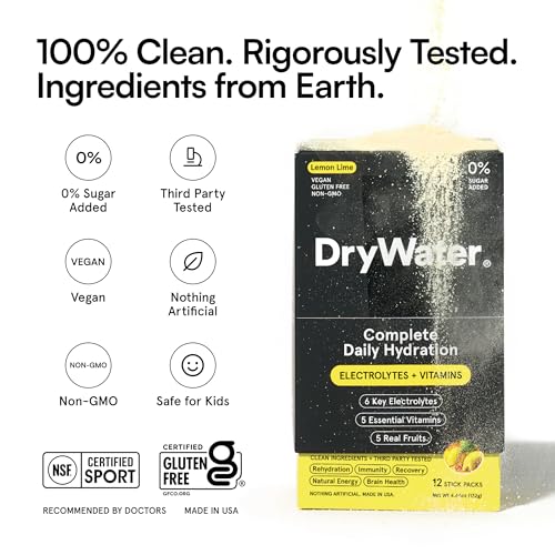 Image of DryWater Electrolyte + Vitamin Hydration Powder Packets - Lemon Lime, 1,000mg Potassium, Real Organic Fruit, NSF Certified for Sport, Nothing Artificial, No Added Sugar (12 Stick Packs)