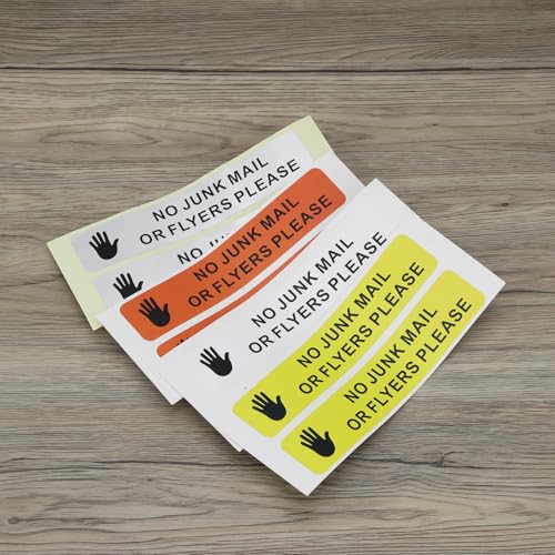 VGOL 8 x Aufkleber No Junk Mail or Flyers Please, 18 x 3,5 cm, PVC, selbstklebend, für Türschild, Briefkasten, Büro oder Zuhause, Silber, Weiß, Gelb, Orange, 8 Stück