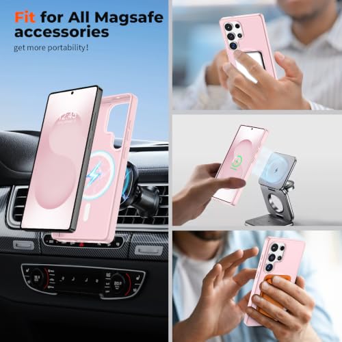 Image of SUPFINE Magnetic for Samsung Galaxy S25 Ultra Case with Screen Protector, (Built-in Magnets) (Military Grade Drop Protection) Slim Translucent Shockproof Phone Case,Pink
