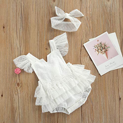 Baby Girls Summer Romper Dress Lace Tutu Skirt Ruffle Bodysuit Floral Print Jumpsuit Backless Overalls Headbands Set(B#16#White,6-12 Months) #TOP3