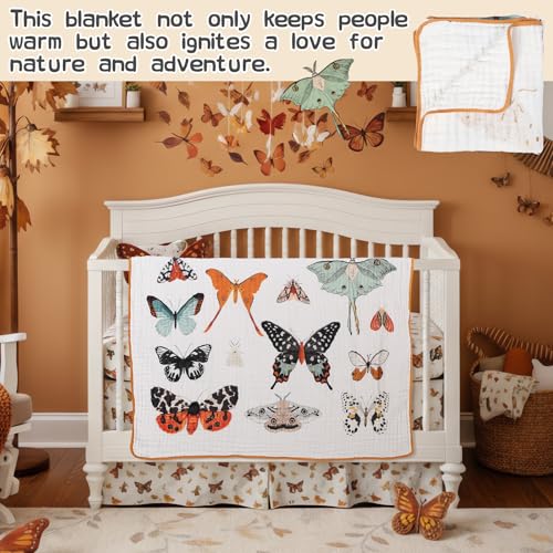 Image of SmoothNovelty Butterfly Muslin Blanket 47 x 47 Inch Warm Soft Cotton Muslin Swaddle Blanket, Boho Nursery Swaddling Wrap Quilt for Girls Bedding Gift, Spring Summer Nap, Crib Bed Sofa Nursery Decor