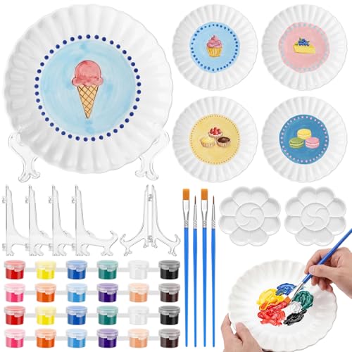 Domensi 4 Pack Ceramic Plate Painting Kit for Kids Paint Your Own Porcelain Plates DIY Summer Birthday Plates Craft Food Safe Includes Wave Ceramic Plate Paints Brushes Stands for Decoration Gifts
