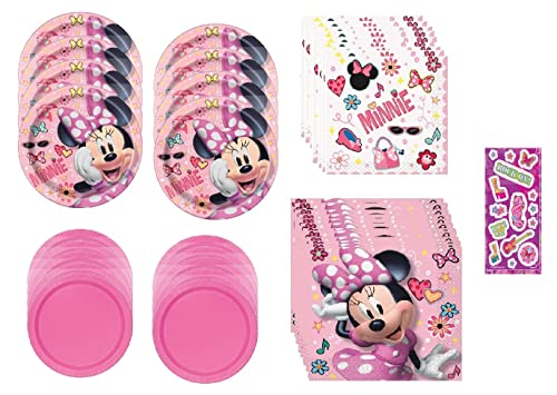 Unique Minnie Birthday Party Supplies Bundle Pack Includes 16 Lunch Dinner Plates, 16 Hot Pink Dessert Cake Plates, 16 Beverage Cake Napkins, 16 Lunch Dinner Napkins #TOP14