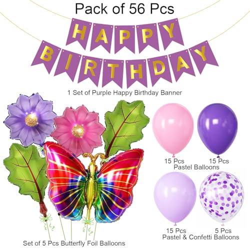 Image of Set of 56 Pcs Butterfly Theme Birthday Decoration Kit with Purple Happy Birthday Paper Banner, Pastel & Confetti Balloons, Butterfly, Flower & Leaf Foil Balloons, Party Decoration Set