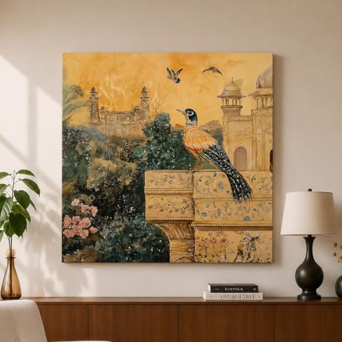 Image of PAINTINGMANTRA Mughal Palace Artwork Stretched Canvas Painting for Living Room | Heritage Bird Canvas Wall Decor Art For Livingroom, Bedroom, Office, Hallways - 34x34 Inch