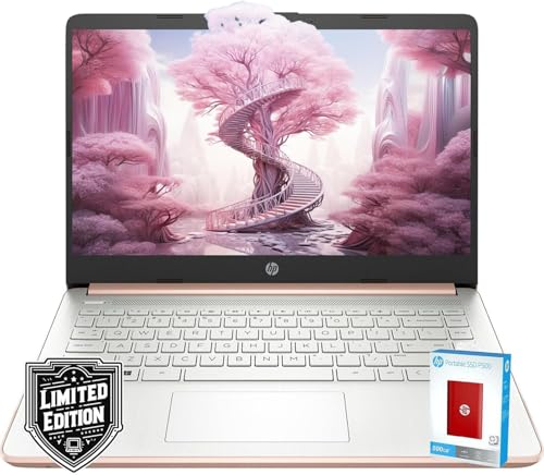 HP 14' HD Laptop | Back to School Limited Edition with 1 Year Microsoft 365 | Intel Quad-Core Processor | 32GB RAM | 576GB Storage | Long Battery Life | Rose Gold | 512GB HP P500 External SSD | Win 11