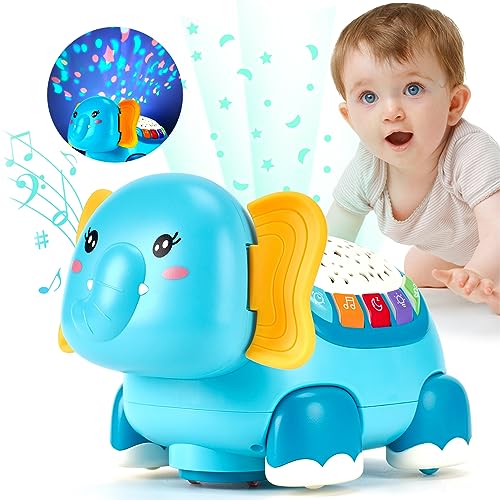 hahaland Elefante Interactivo Juguetes Niños 1 año, Juguetes Gateo para Bebes 6-12 Meses, Elefante Musical con Proyector de Luces Regalo Bebe 1 2 años