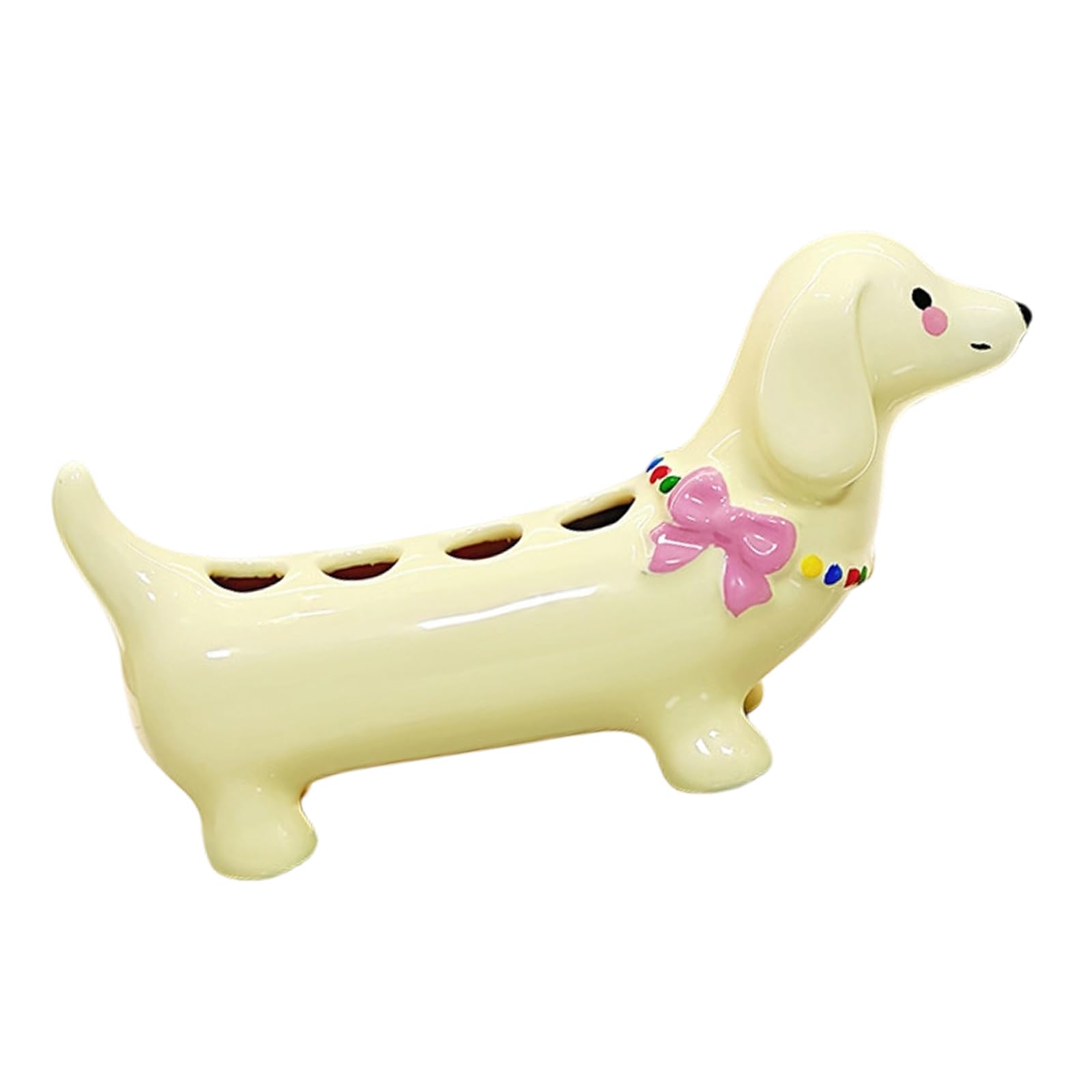 Kalttoy Creamy Yellow Dachshund Shape Toothbrush Holder Ceramic Toothbrush Organizers Stand With 4 Slots Antislip Design Bathroom Essential Cartoon Dachshund Bathroom Organizers