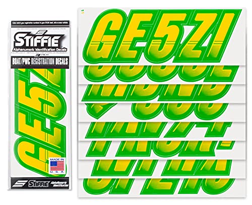 Image of STIFFIE Techtron Yellow /Green 3 inch Boat & PWC Registration Decals • Numbers Letters Stickers