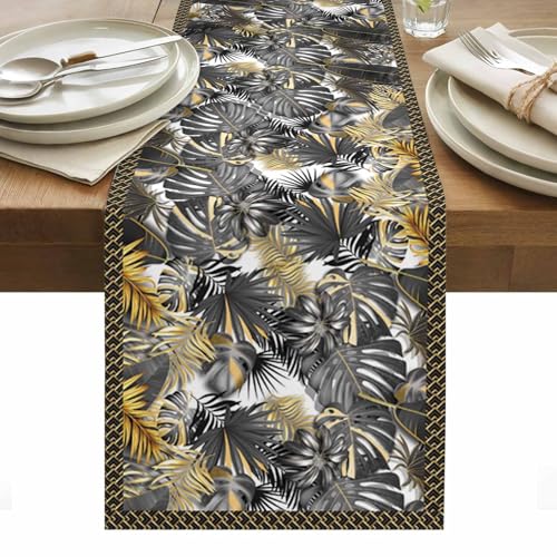 Tropical Black Gold Botanical Leaves Table Runner 36 Inches Long