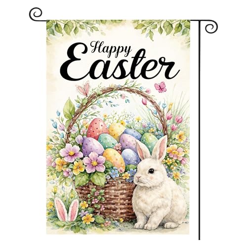 Happy Easter Garden Flag 12x18 Inch Double Sided Watercolor Bunny Egg Basket Yard Flag Wrinkle Resistant Durable Easy Clean Linen Flag for Outdoor Patio Lawn Porch Spring Holiday Decoration(Egg Basket Bunny)