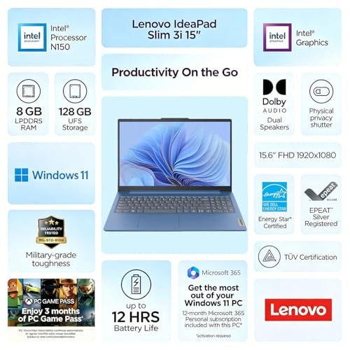 Image of Lenovo IdeaPad Slim 3i • 15.6 inch FHD Laptop with Microsoft 365 Included • Intel 4 Cores • 8GB DDR5RAM • 1TB OneDrive + 500GB External + 128GB SSD • Privacy Shutter • Dolby Audio • Win 11