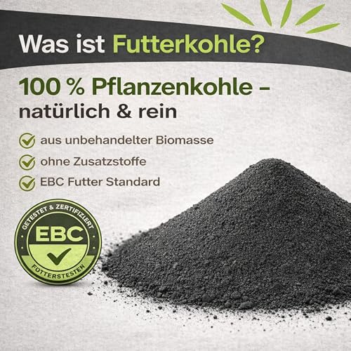 Futterkohle für Hunde & Katzen – 100% Pflanzenkohle ohne Zusatzstoffe – EBC Futter Standard – fein vermahlen – Ergänzungsfuttermittel für Hunde und Katzen 1,5Kg