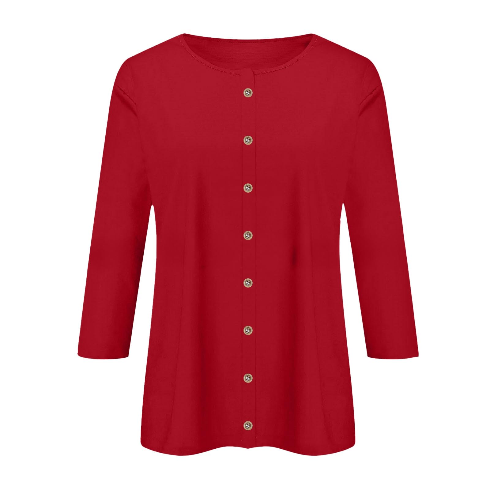 Strickjacke Damen mit Rundhalsausschnitt 3/4 Ärmeln Basic Button Down offene Vorderseite einfarbig locker vielseitig als Tunika Bluse Übergangsjacke Cardigan