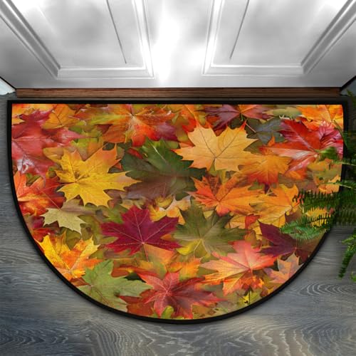 Image of cfpolar Half Round Door Mat Fall Maple Leaves Yellow Non-Slip Semi Circle Area Rug Washable Half Moon Hearth Rugs for Indoor Outdoor Bathroom Kitchen Patio Runner Mat Laundry Room Home Decoration