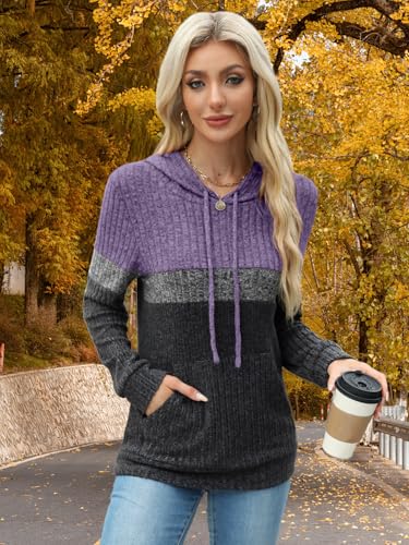 MixShe Women’s Color Block Knit Hoodie – Casual Long Sleeve Pullover Sweater Tops with Pocket