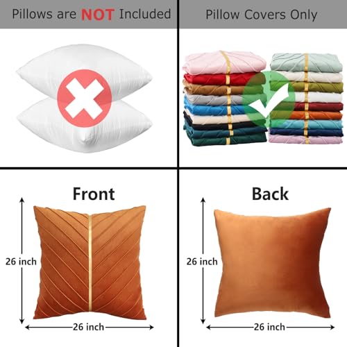 Image of Velvet Throw Pillow Covers 26x26 Pack of 2 Gold Decor Burnt Orange