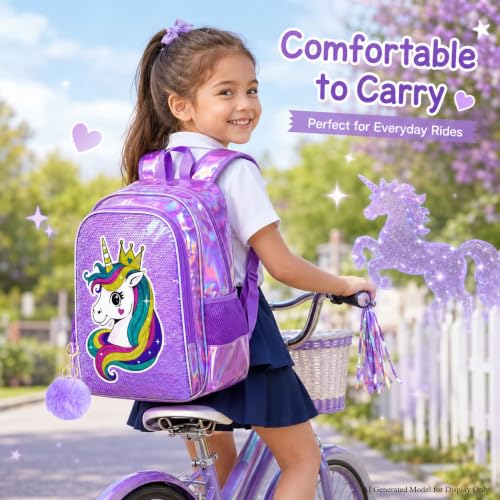 Image of CCJPX 16 inch Unicorn Backpack for Girls, 3Pcs Kids Sequin Bookbag with Lunch Box, Water Resistant Elementary School Bag for Kindergarten Preschool Toddler (Purple)
