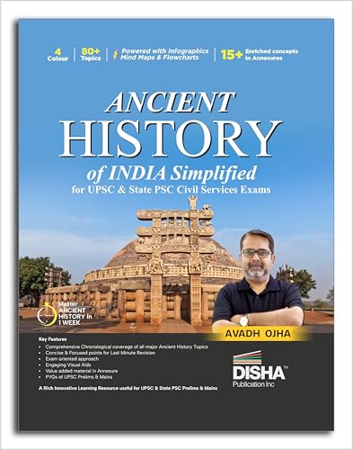 Image of Disha Ancient History of India Simplified by Avadh Ojha for UPSC & State PSC Civil Services Exams | 4 color Book Powered with Infographics, Mindmaps, Pictures & Tables