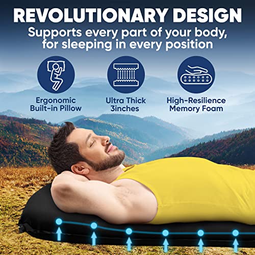Powerlix Sleeping Mat Pad – Self-Inflating Foam Pad - Insulated 3Inches Ultrathick Mattress For Camping Backpacking, Hiking - Ultralight Camping Mat Pad For A Tent, Built In Pillow (Dark Black) #TOP4