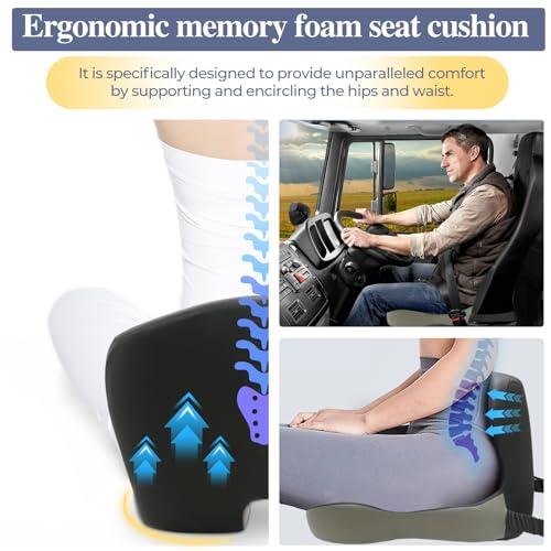 Mosxoed Memory Foam Seat Cushion for Sciatica & Back Pain Relief - Ergonomic Chair Pad with Adjustable Strap & Supportive Comfort Cover, Non-Slip for Car, Truck, Office Chair - Dark Gray&Light Gray