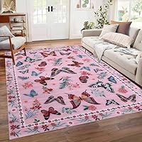 Butterfly Flower Print Rug, 70x140cm Bohemian Vintage Floral Leaf Fashionable Girl's Bedroom Beautiful Rug, Soft Non-Slip Washable Floor Mat, Cute Pink Carpet for Living Room Bedroom Home Decor