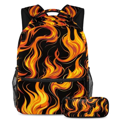 Cartable ensemble enfant Burning Flames contre le mal de dos avec grand sac et sa trousse