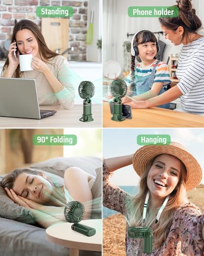 FAPPEN Mini Handheld Fan, Portable USB Hand Held Fan, Rechargeable Fans 5 Speeds Folding Hand Fan with Base and Lanyard for Home Office Bedroom Outdoor Travel(Green) - Image 4