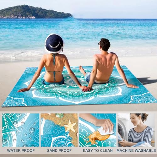 Stranddecke Sandfrei Wasserdicht Mandala 200x220cm Große Strandmatte Picknickdecke für 4-6 Personen Leicht Tragbar Strandmatte Outdoor Decke mit 4 Heringen für Strand Wandern Reisen Camping, Türkis