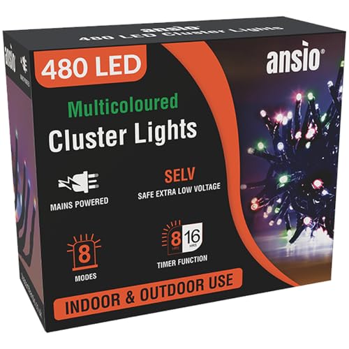 ANSIO® Christmas Lights 480 LED 6m/20ft Cluster Christmas Tree Lights for Indoor & Outdoor Multicoloured Decorations Fairy Lights with Timer for Xmas Garden Bedroom & Party | Mains Powered Green Cable