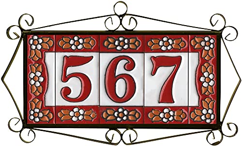 Ceramic House Tile Numbers & Letters, Red Floral Design, Tile Size: 7.5Cm X 3.5Cm, 2 To 10 Tile Frames (7) #TOP3