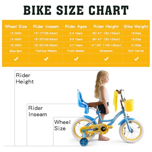 Image of RULLY 12 14 16 Inch Girls Bike with Doll Seat Basket and Training Wheels for 2-6 Years Children