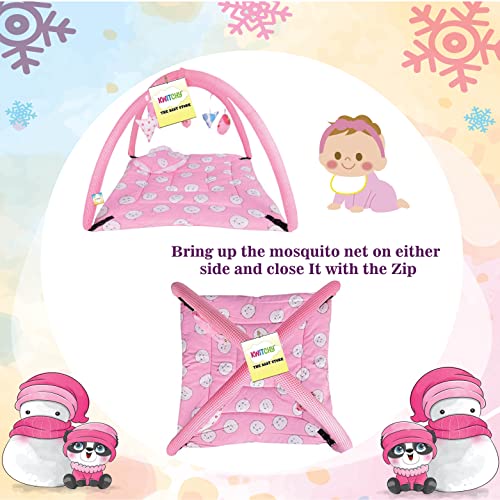 Image of Kwitchy Baby Bedding Set New Born Baby Bed | Mattress | Mosquito Net | Play Gym | Sleeping Bags | Playmats | Cotton | Infants | Gift Combo | Bed with Hanging Toys (0-6 Months) Pink