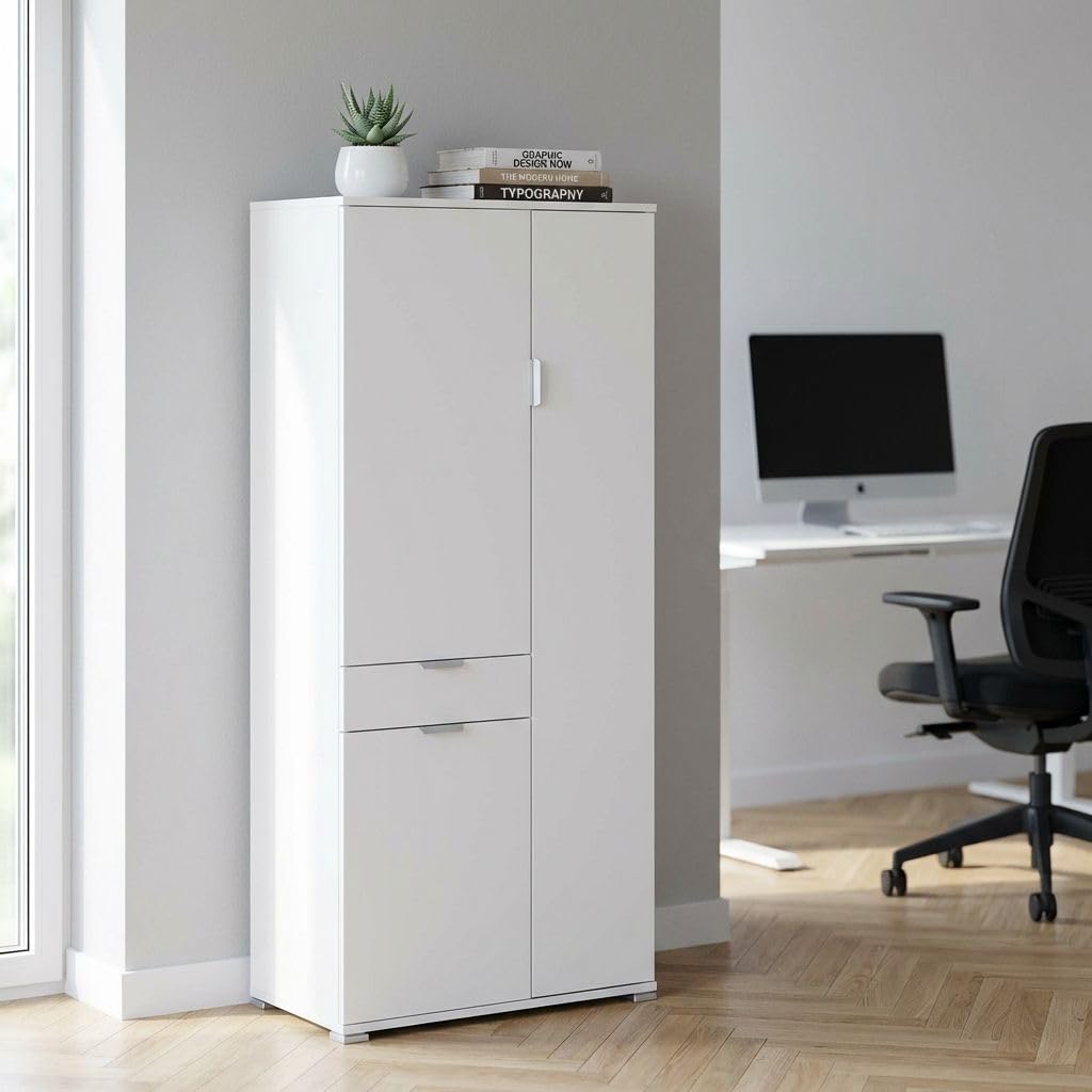 milani home - armadio multiuso 3 ante e cassetto 75 x 38 x 174 cm, bianco, truciolare bilaminato, Made in Italy