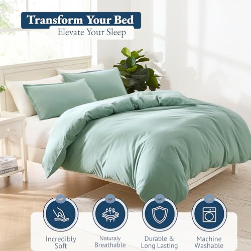 Image of 100% Organic Cotton Duvet Cover Set - Double Size, Cool Blue 3-Piece Bedding Set, Soft Breathable Fabric, 1 Duvet Cover 200 x 200 cm with Button Closure and 2 Pillow Shams - Comforter Not Included