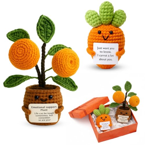 BeoTnp Emotional Support Crochet, Positive Crochet Orange Tree and Carrot Knit, Birthday, Positive Gifts in Box with Energy Cards, Desk Accessories for Women, Friend, Colleagues, Family Members