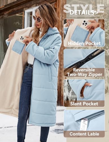 Vancavoo Wintermantel Damen Lang Winterjacke Warm Gefüttert Winterparka Winter Jacke Mantel Parka Steppmantel Daunenmantel mit Kapuze,Blau,XL