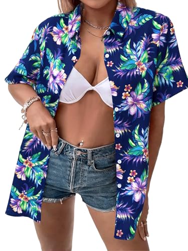Image of ASTANFY Hawaiian Shirt Women Hawaii T-Shirt Tropical Floral Printed V Neck Shirts Soft Cool Summer Beach Button Up Blouse