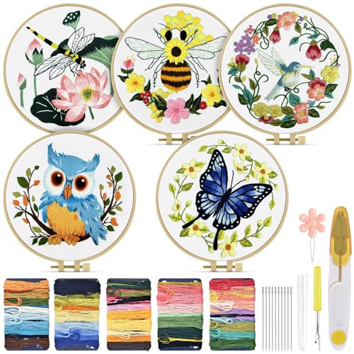 Image of TINDTOP 5 Sets Embroidery Kit for Beginners Adult, Embroidery Kit for Beginners Include Embroidery Cloth Hoops Threads for Craft Lover Hand Stitch with Embroidery Skill Techniques | Include Embroidery Cloth Hoops Threads for Craft Lover Hand Stitch with Embroidery Skill Techniques