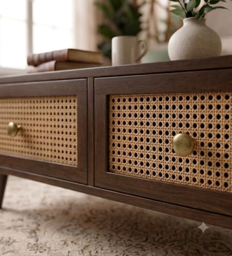 Image of Solid Sheesham Wood Coffee Table & Center Table for Living Room with Rattan Cane Lift-Down Shutter & Open Shelf, Solid Wooden Teapoy for Sofa with Storage | Tea Table