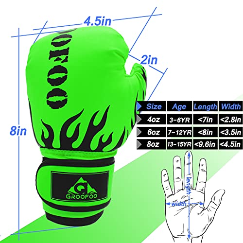 Image of GROOFOO Kids Boxing Gloves for Child Punching Bag Sparring Training, 4oz 6oz fit 3 to 14 Years （Green,4 Oz）