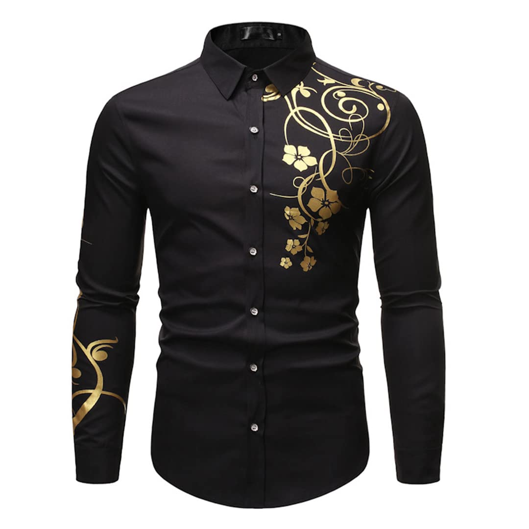 Camicia di Stampa Fiore Oro per Uomo Primavera Slim Fit Manica Lunga Mens Abiti Camicie Casual Camicia Sociale Black M