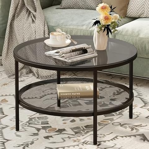 Yusong Round Glass Coffee Tables for Living Room, 2-Tier Circle Coffee Table with Storage, 26" Modern Center Accent Table with Light Black Glass, Small Side Table End Table for Small Space, Bedroom Cover