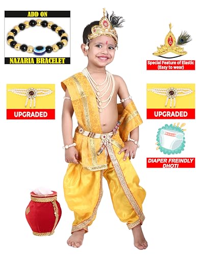Image of Raj Fancy Dresses Shri Krishna Dress for Baby Boy & Girl, Janmashtmi Dress with Diaper-friendly Dhoti & Dupatta, Mor Pankh Mukut