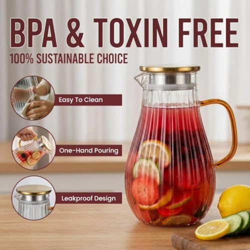 Image of Glass Water Jug - 1800ml, Transparent Water Serving Jug, Hot Cold Water Pitcher with Lid Water Jug, Iced Tea, Milk and Juice Beverage Carafe, Lemon Jug (Ribbed Jug)