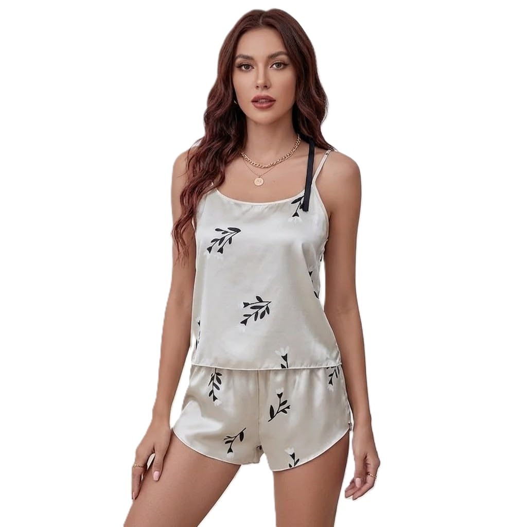 Women’s Lycra Blend 2 Piece Night Suit Set | Printed Camisole Top & Shorts Sleepwear Set for Women White-image-3