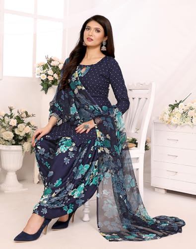 Image of Yashika Women's Printed Dress Material - Unstitched Crepe Fabric Kurti, Pants & Dupatta Set (AZ-YS-P4-BLUE FLOWER)