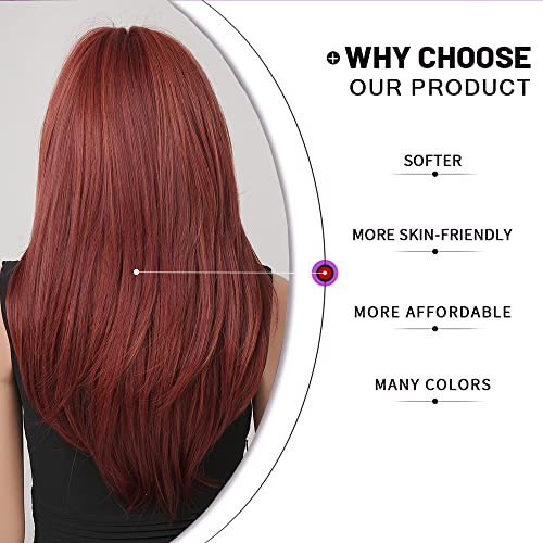 Esmee Long Straight Wine Red Wigs for Women Synthetic Layered Burgundy Synthetic Hair Wig with Fringe for Daily Party Cosplay Use-20 Inches - Image 3