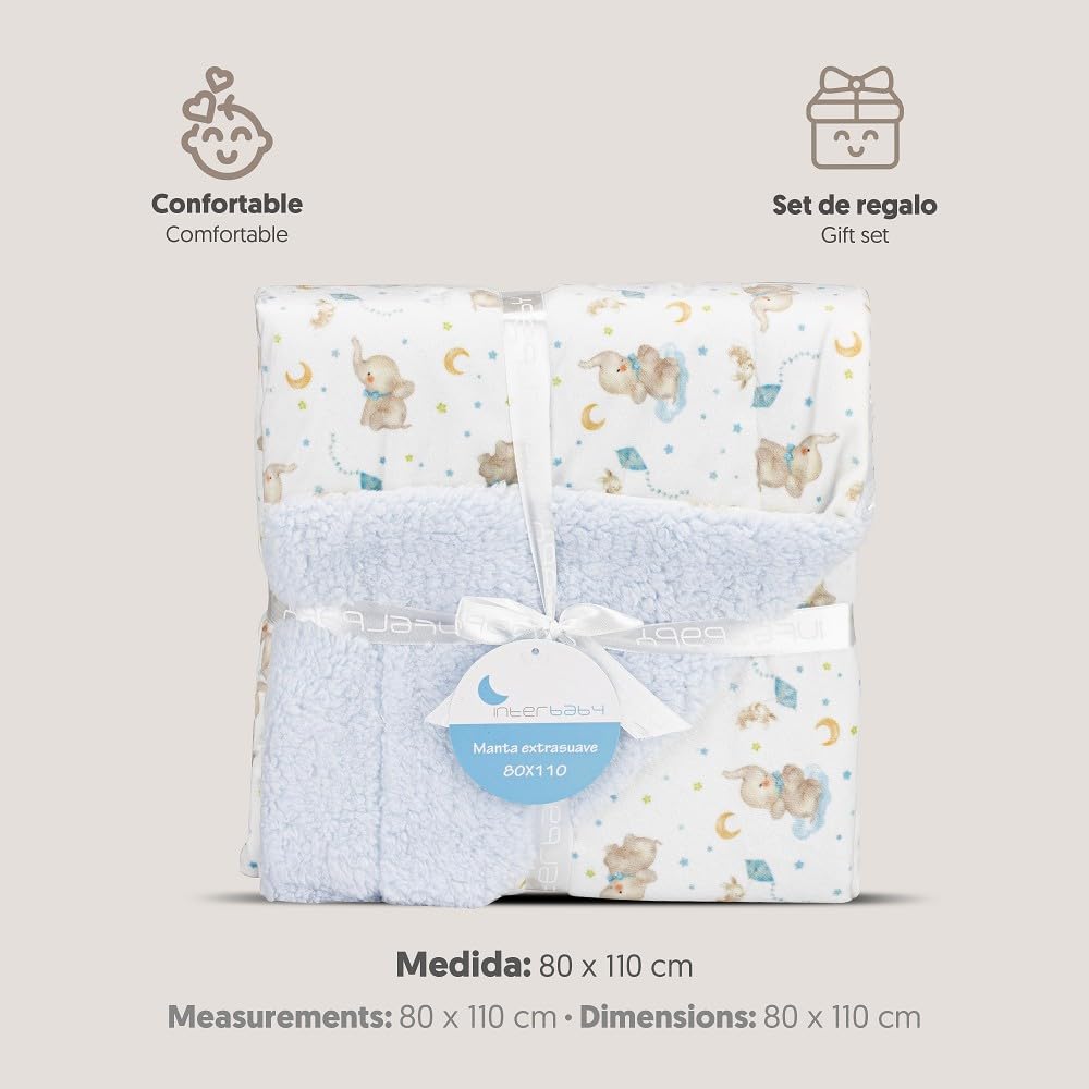 Interbaby - Manta Bebe Recien Nacido | Mantita Bebe 100% Poliéster, Terciopelo, Suave, Cómoda, Cálida | Manta Meses Bebe 80x110cm, Unisex, para Cunas, Carritos | Elefante + Borreguillo Azul